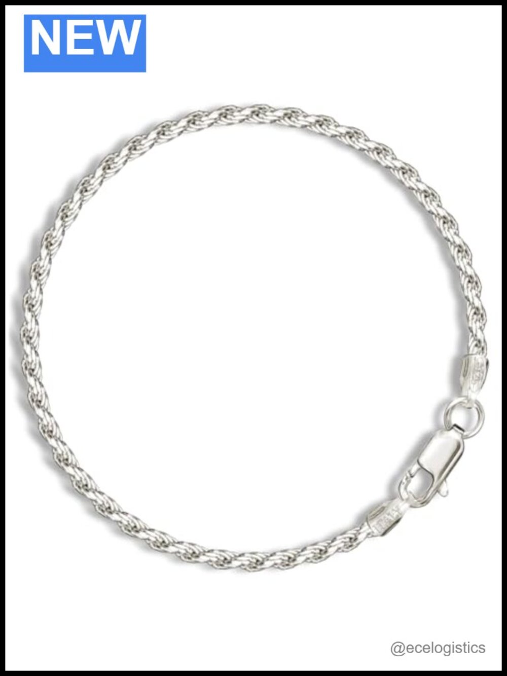 925 Sterling Silver Rope Chain Bracelet Diamond Cut Adjustable Lobster Clasp